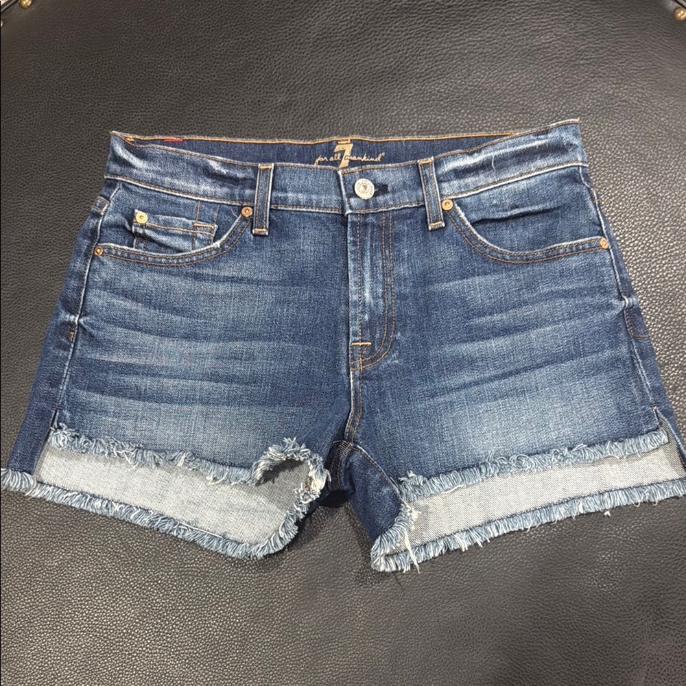7 For All Mankind Blue Jean Shorts Distressed Frayed Hem